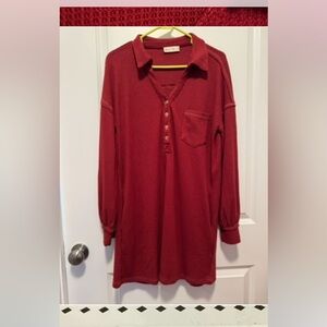 Red Long Sleeve Henley Dress